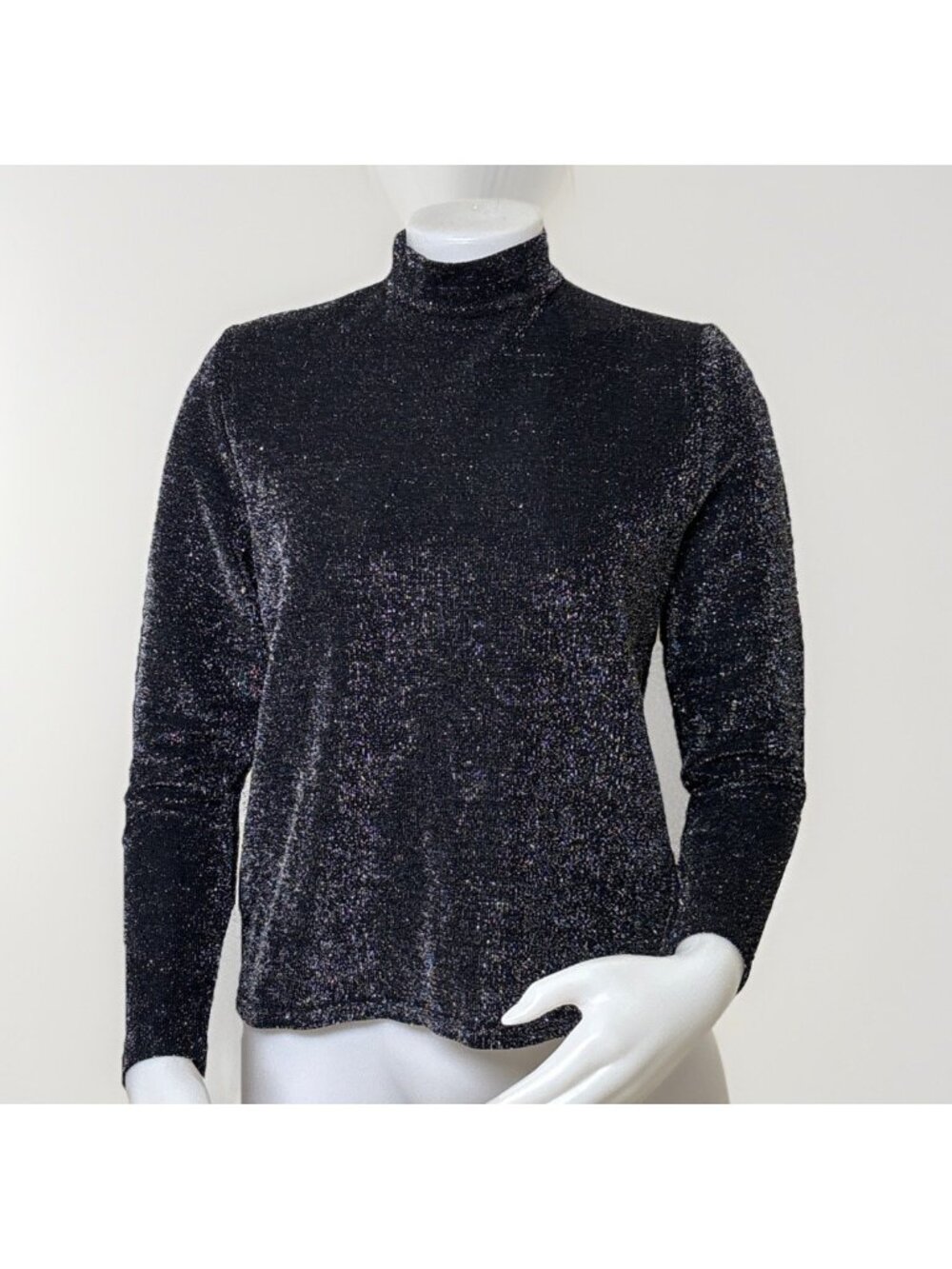 Vtg Black Silver Shiny Lurex Top Womens M Long Sleeve Mock Neck Holiday Stretch